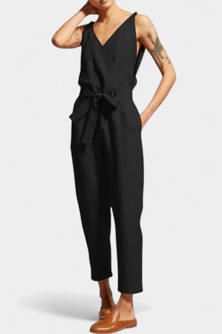 Maggie Mono Sans Manches avec Décolleté en V et Ceinture Croisée en Coton