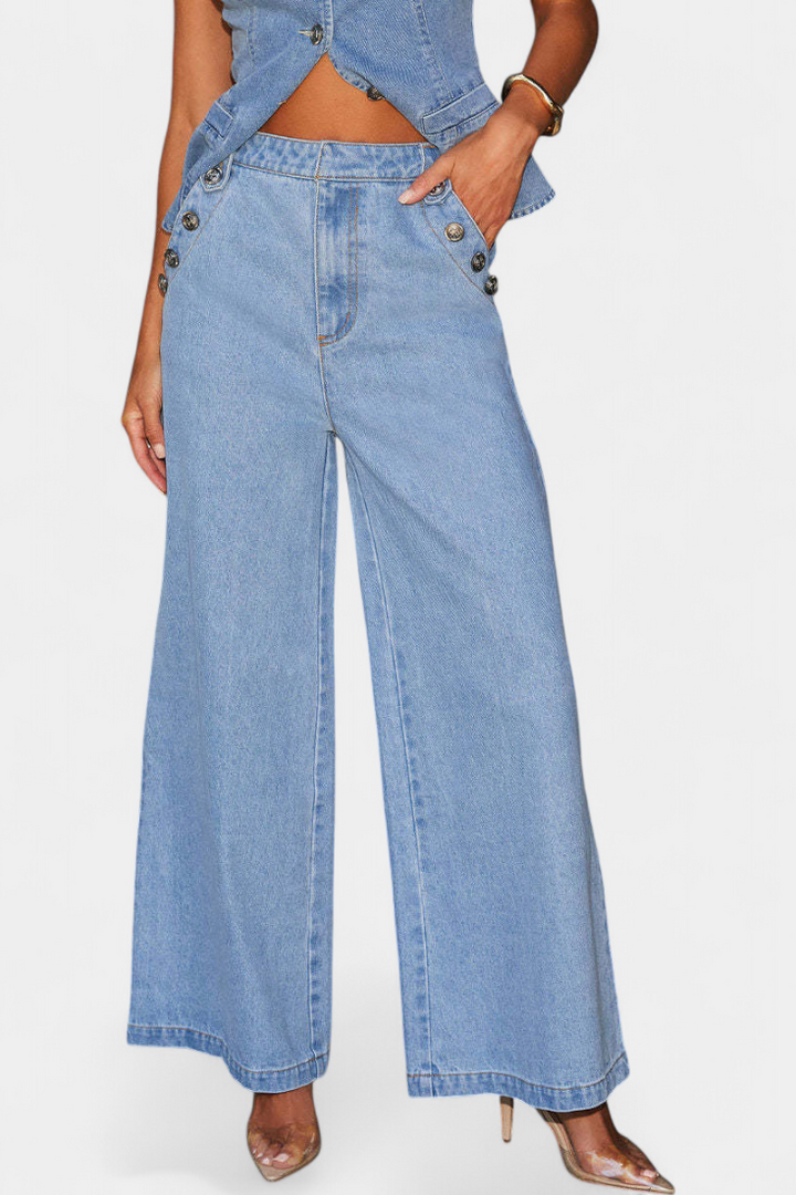 Ludovica Ensemble en Denim avec Gilet Ajusté et Jeans à Jambes Larges