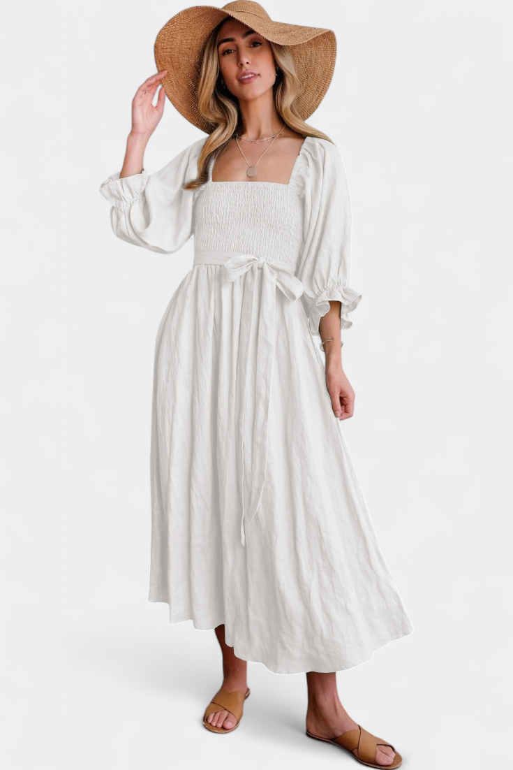 Robe Petra à Deux Niveaux avec Corps Froncé et Manches Bouffantes