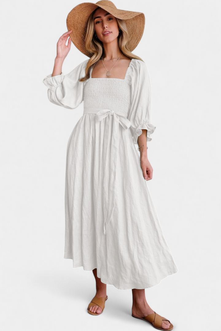 Robe Petra à Deux Niveaux avec Corps Froncé et Manches Bouffantes