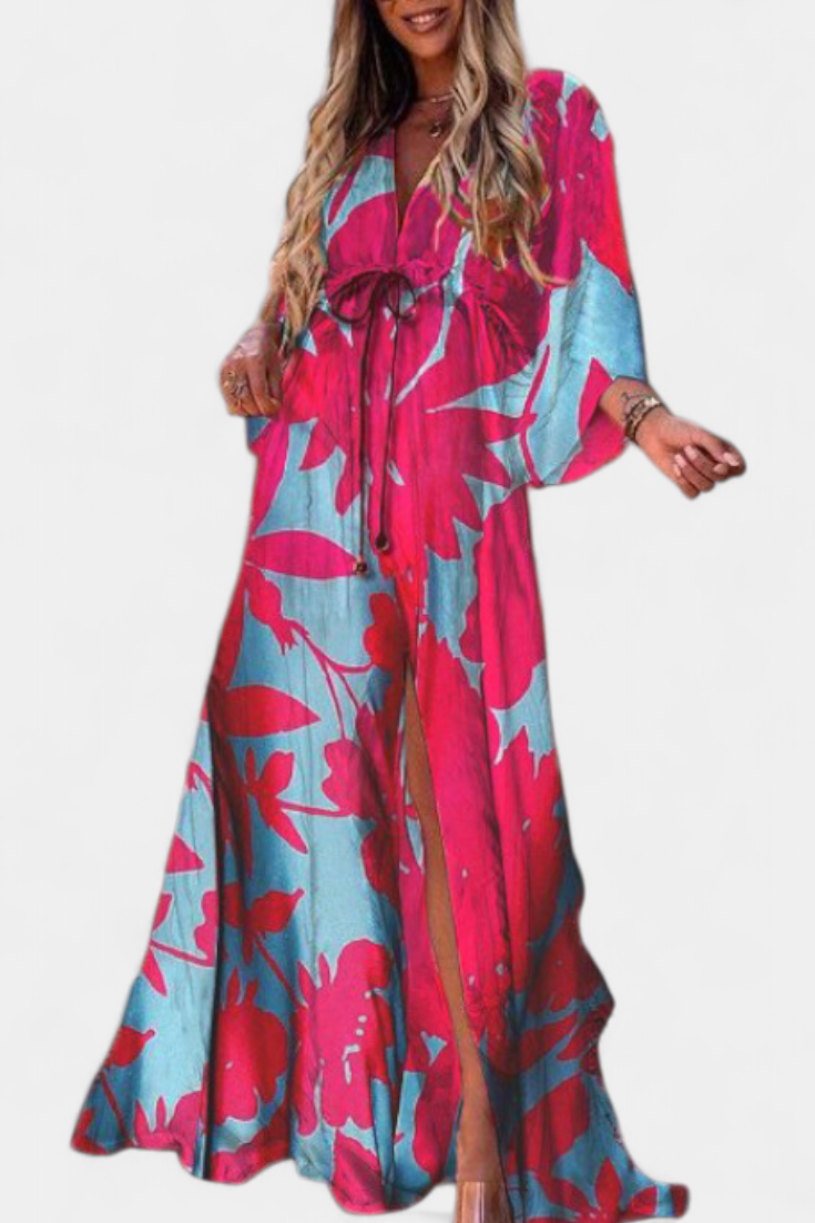 Robe Maxi Joelle Arc-en-ciel avec Décolleté en V et Manches Chauve-Souris