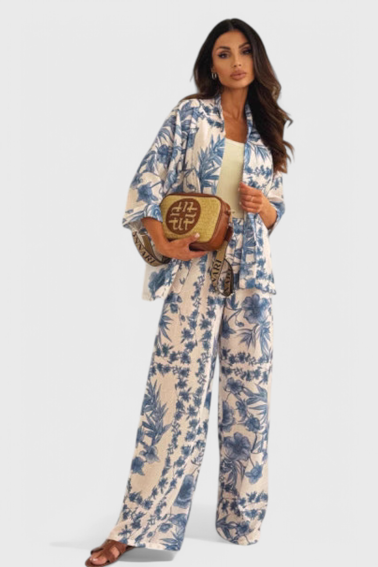 Odile Ensemble en Mélange de Coton avec Top à Manches 3/4 et Pantalons avec Poches