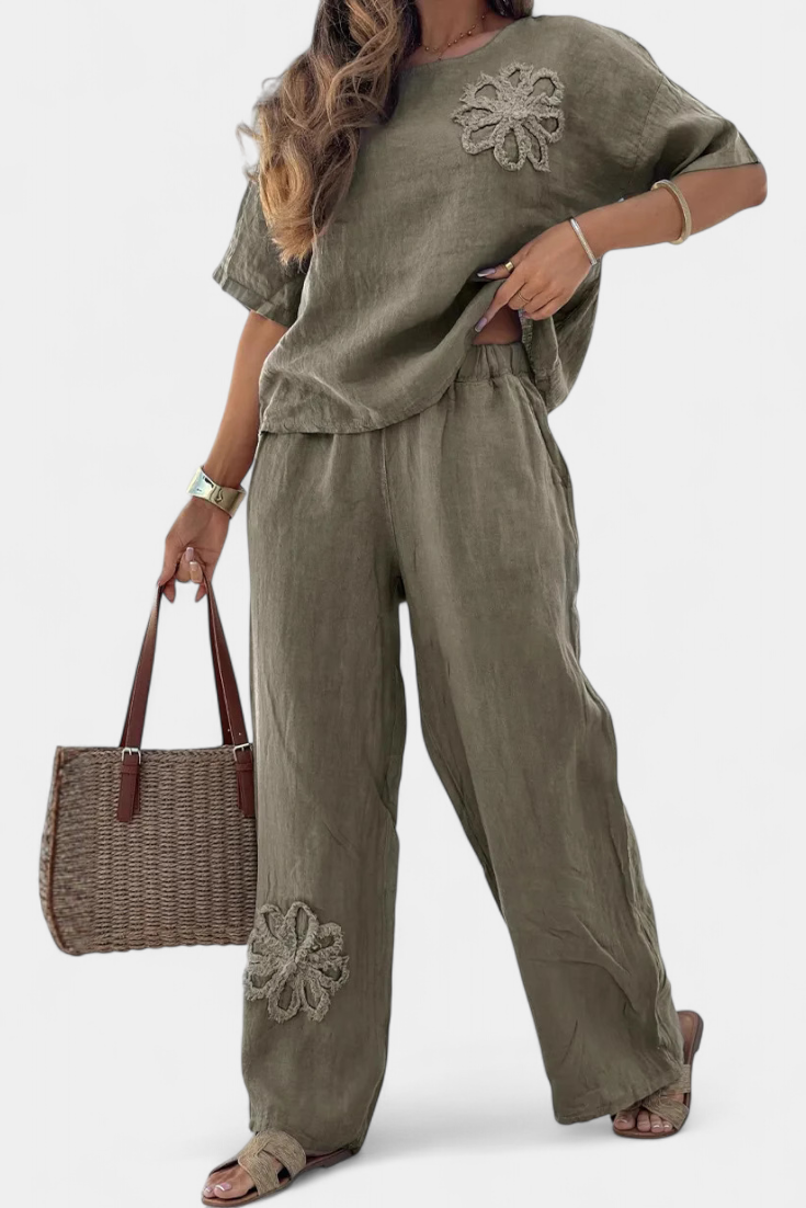 Ensemble Natalia en Lin Brodé avec Silhouette Décontractée