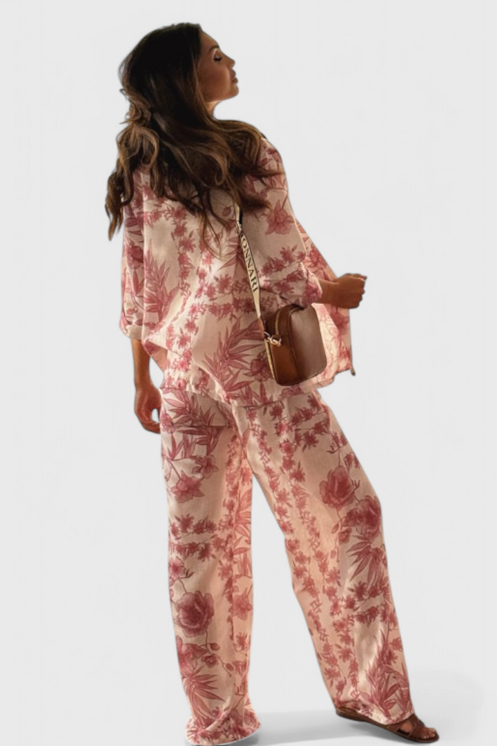 Odile Ensemble en Mélange de Coton avec Top à Manches 3/4 et Pantalons avec Poches