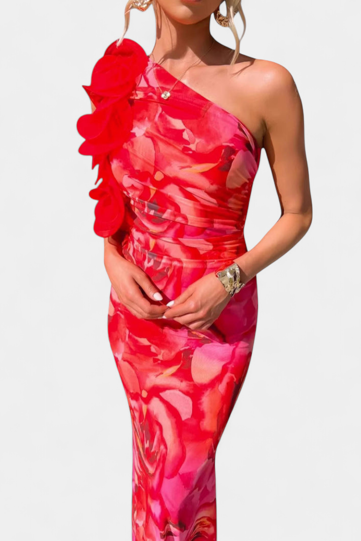 Robe Midi Maëlle avec Détail Floral à Une Épaule