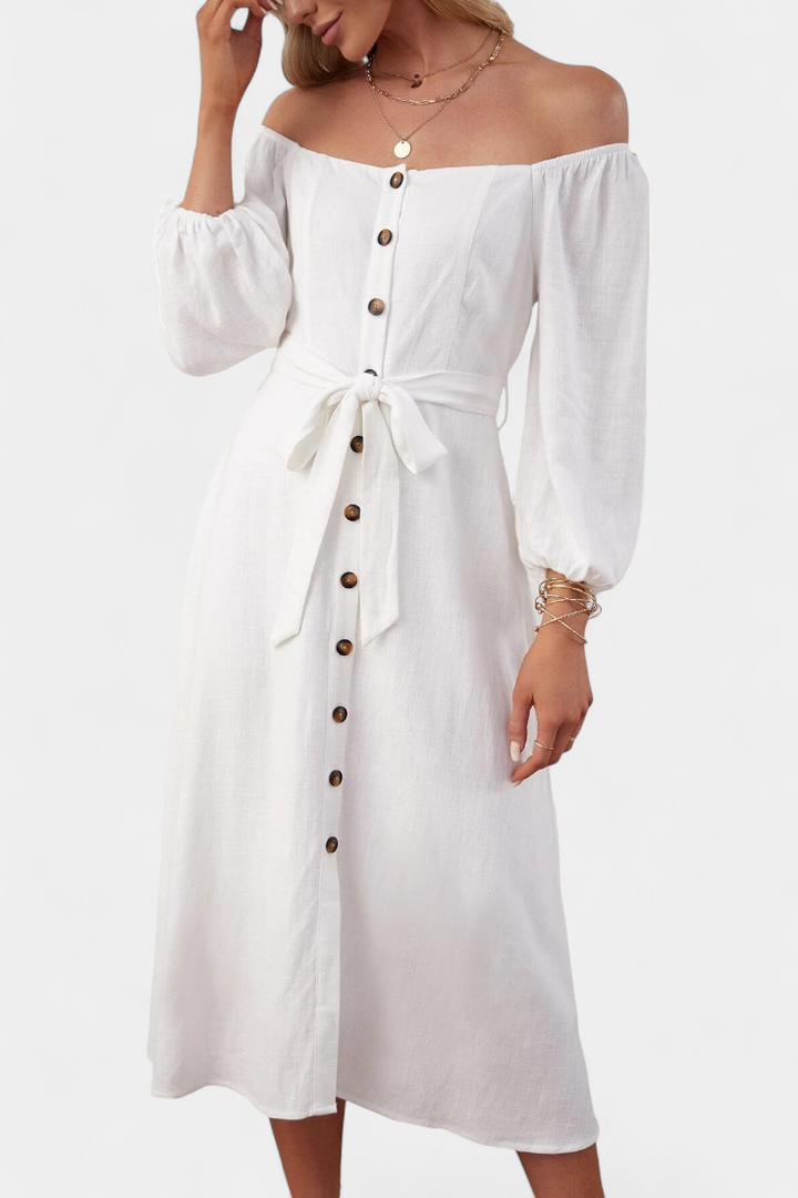 Robe Leonor à Épaules Dégagées avec Boutons et Nœud Frontal