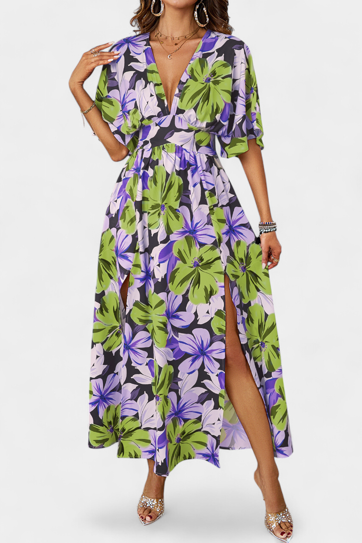 Robe Julie Longue avec Imprimé Floral et Décolleté Croisé