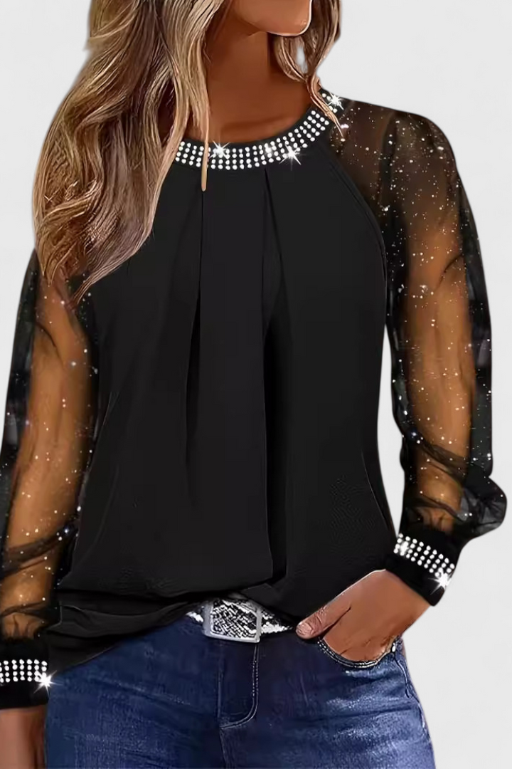 Blouse Flor Élégante avec Manches en Tulle et Accents de Strass