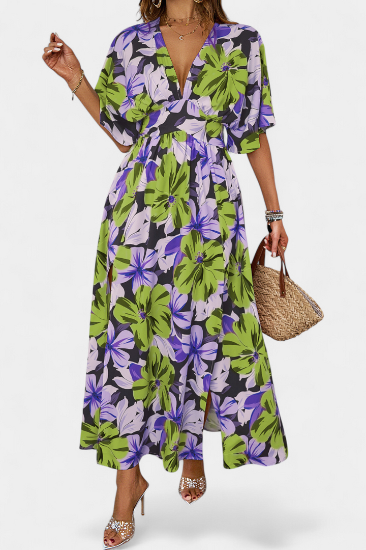 Robe Julie Longue avec Imprimé Floral et Décolleté Croisé