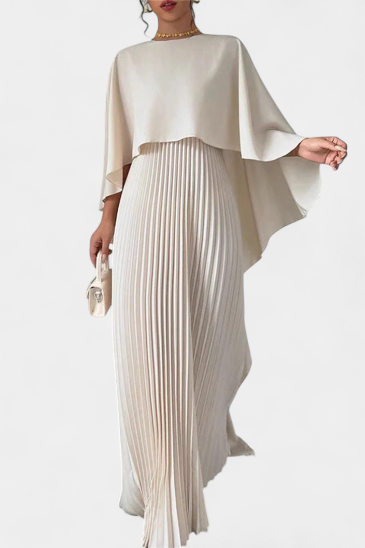 Robe Maxi Jane à Col Haut avec Plis et Manches Volantes
