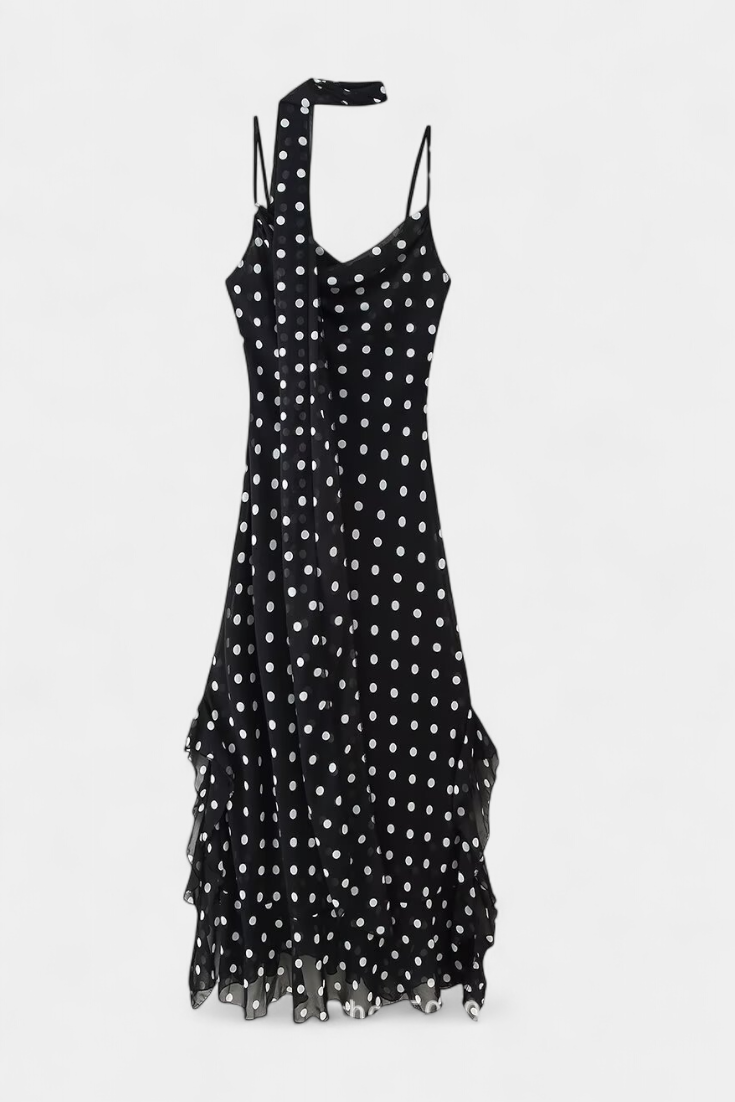 Estefanía Robe en Gaze avec Volants et Pois en Noir et Crème