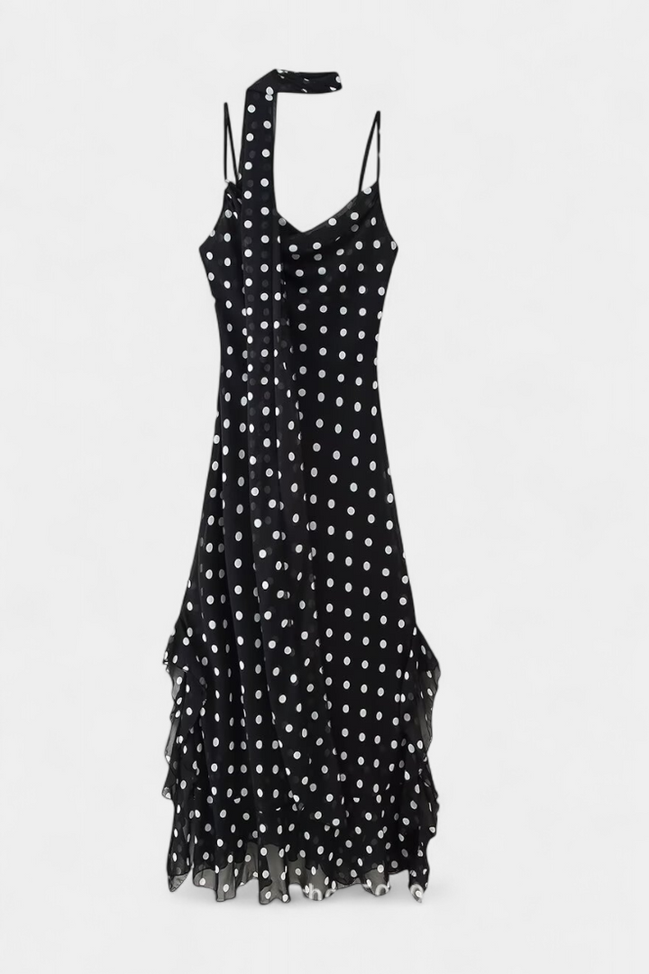 Estefanía Robe en Gaze avec Volants et Pois en Noir et Crème