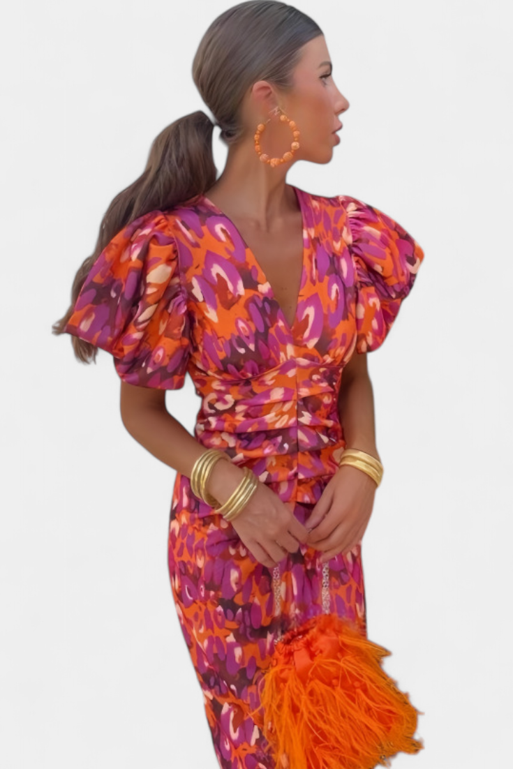 Robe Wibia Imprimée avec Fronces Centrales et Manches Volumineuses