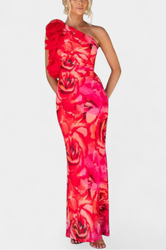 Robe Midi Maëlle avec Détail Floral à Une Épaule