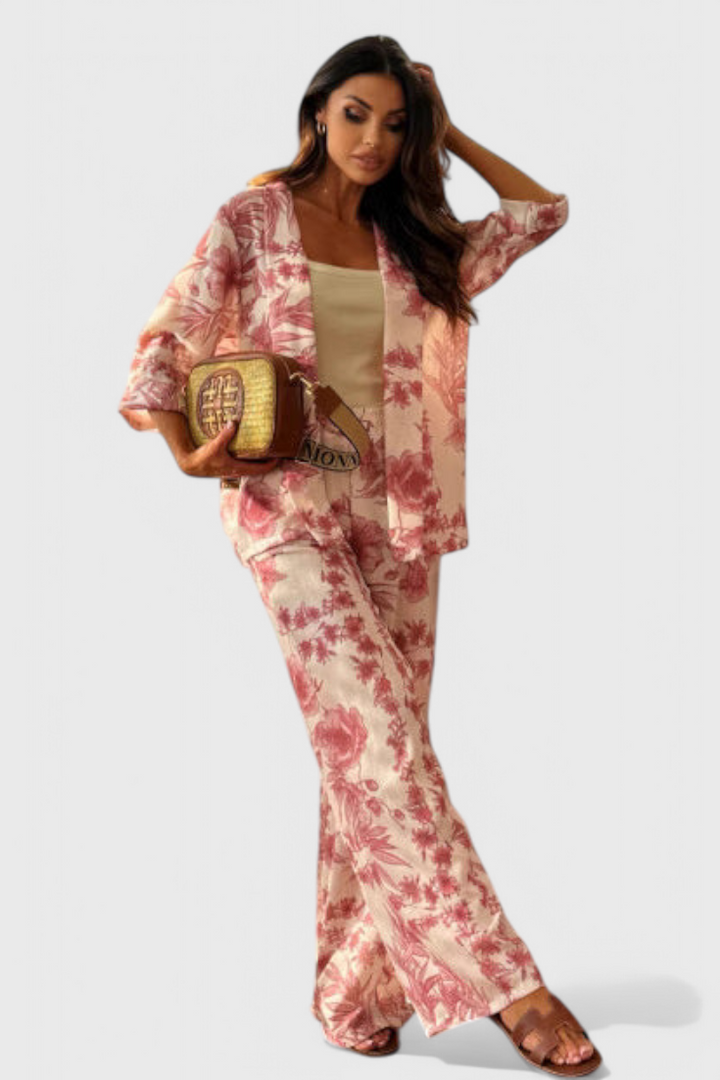 Odile Ensemble en Mélange de Coton avec Top à Manches 3/4 et Pantalons avec Poches