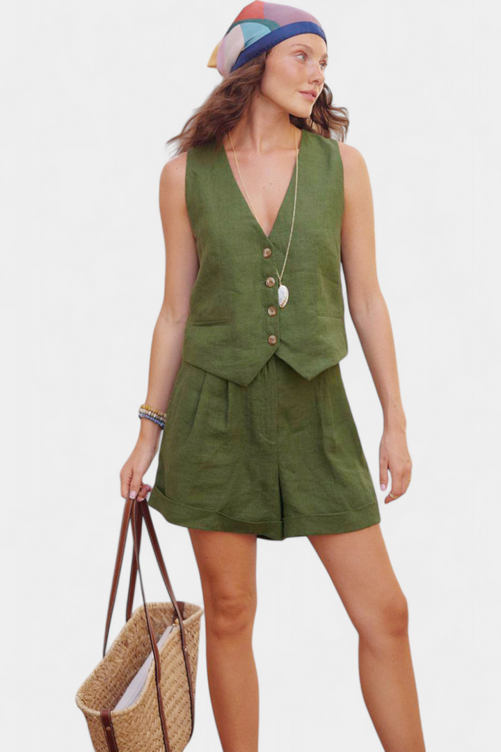 Jennifer Ensemble Gilet et Shorts en Lin Coton