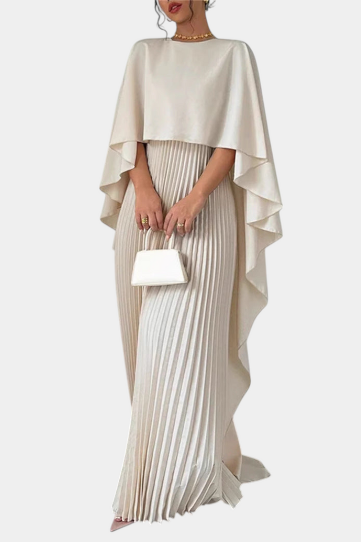 Robe Maxi Jane à Col Haut avec Plis et Manches Volantes