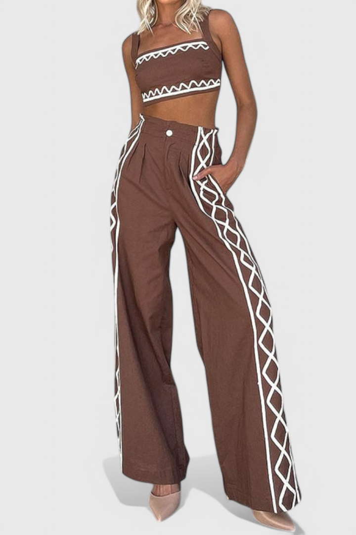Mirella Ensemble Crop et Pantalons Amples à Imprimé Zigzag