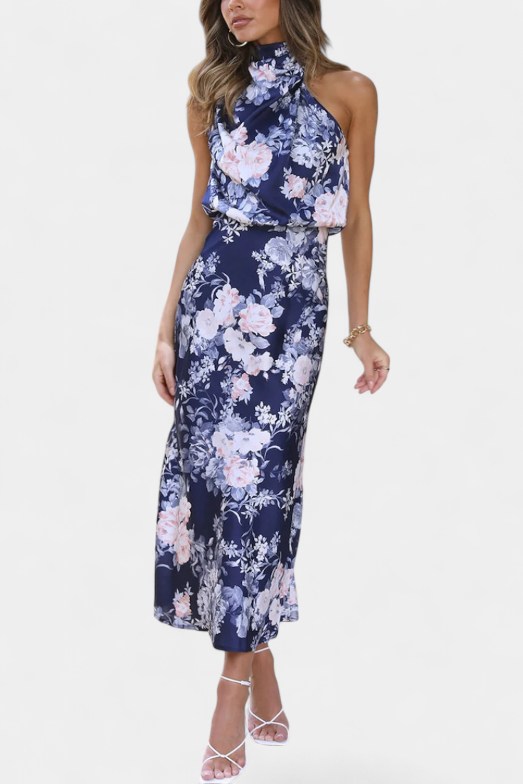 Robe Maxi Fleurie Lisa avec Col Halter et Taille Élastique