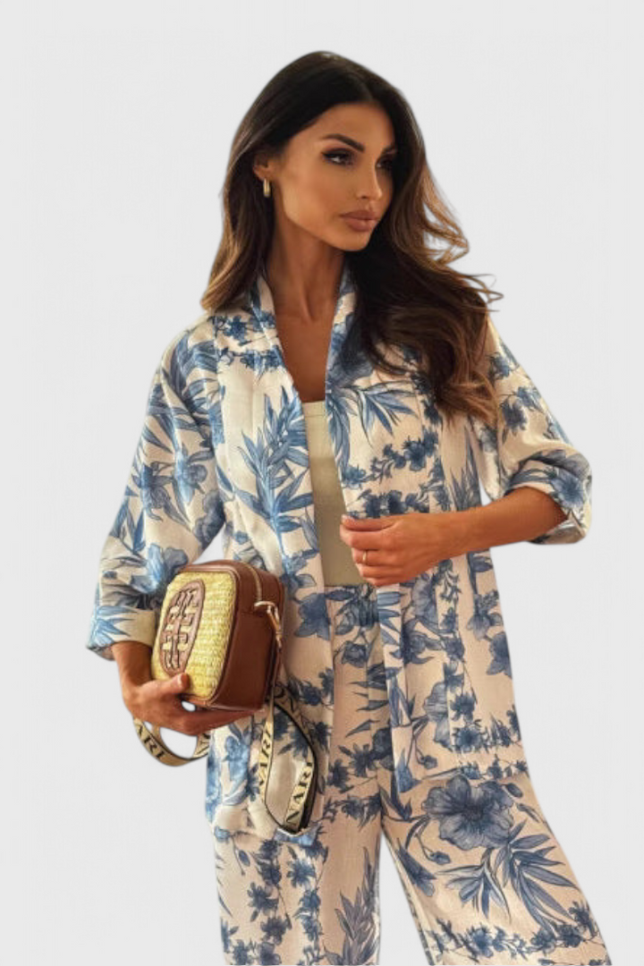 Odile Ensemble en Mélange de Coton avec Top à Manches 3/4 et Pantalons avec Poches