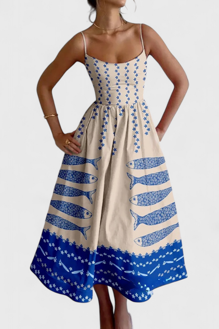 Maricela Robe Vintage à Bretelles et Imprimé de Sardines