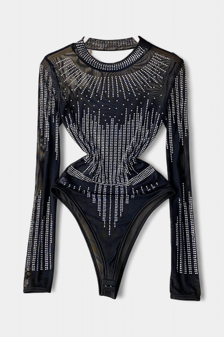 Body Antonella en Maille Transparente avec Manches Longues et Brillants