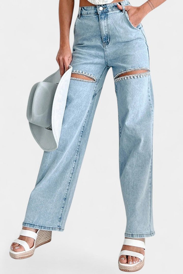 Jeans Evian Délavés Jambe Droite avec Strass
