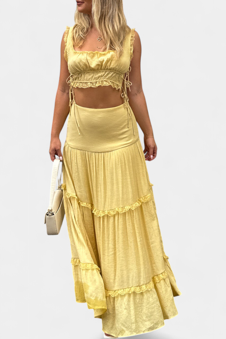 Ilys Ensemble Romantique de Top en Dentelle et Jupe Longue Volumineuse