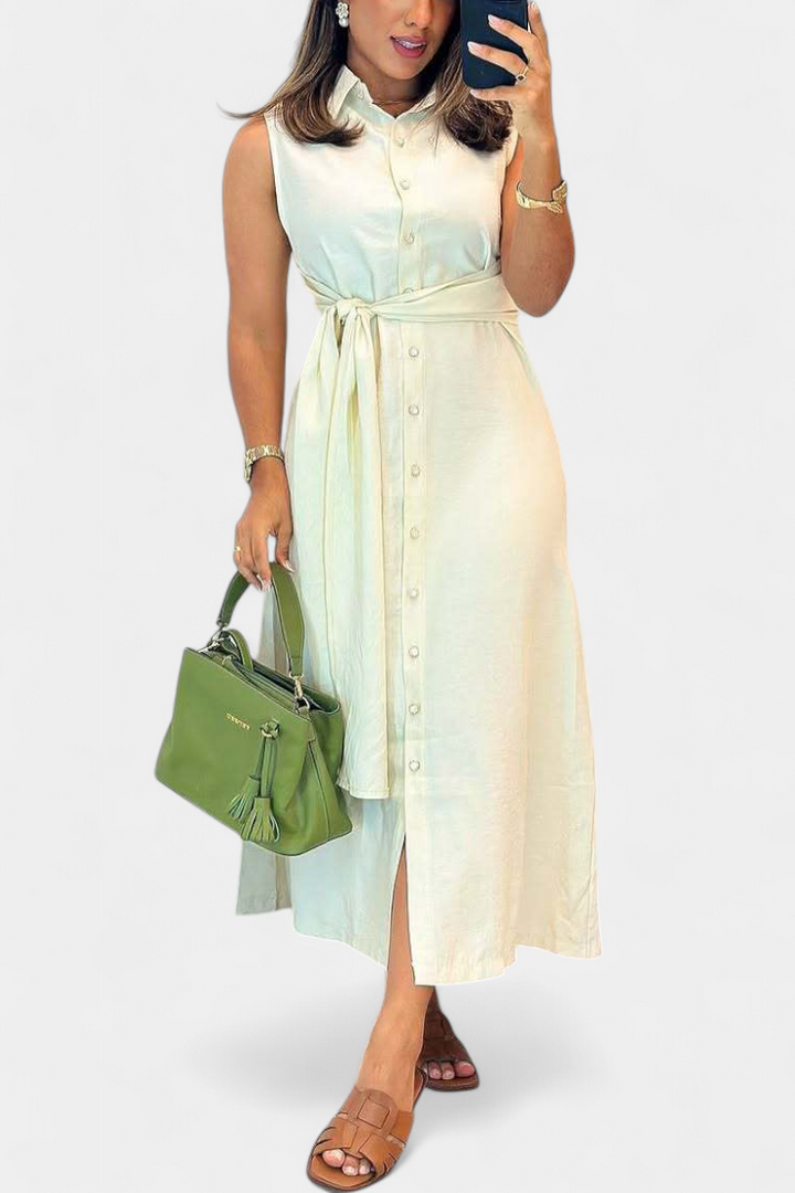 Behnaz Robe Élégante Sans Manches avec Ceinture et Col Chemise