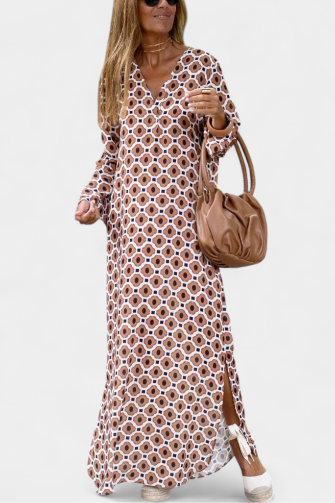 Robe Longue Géométrique Brisa avec Fente et Décolleté en V