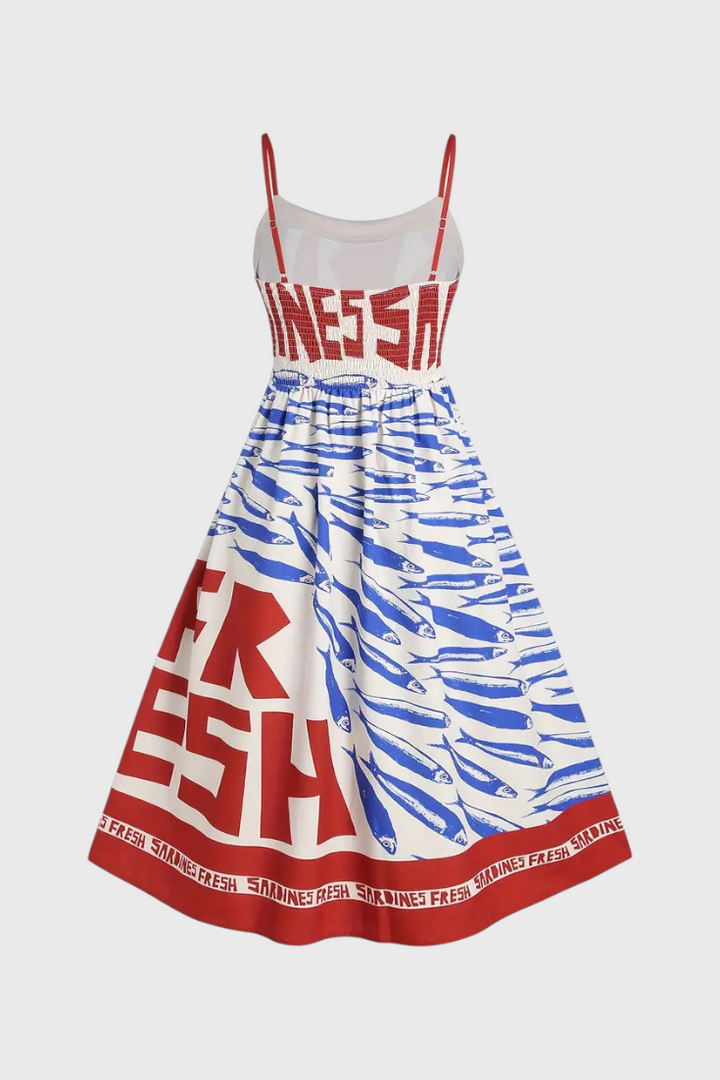 Maricela Robe Vintage à Bretelles et Imprimé de Sardines