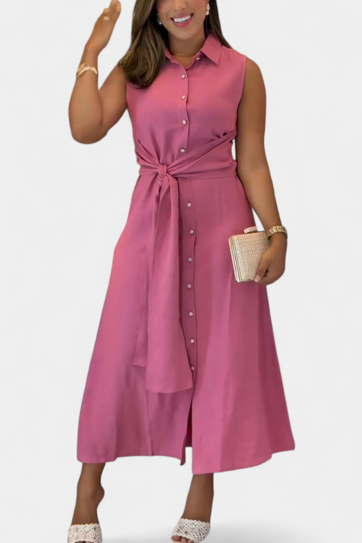 Behnaz Robe Élégante Sans Manches avec Ceinture et Col Chemise