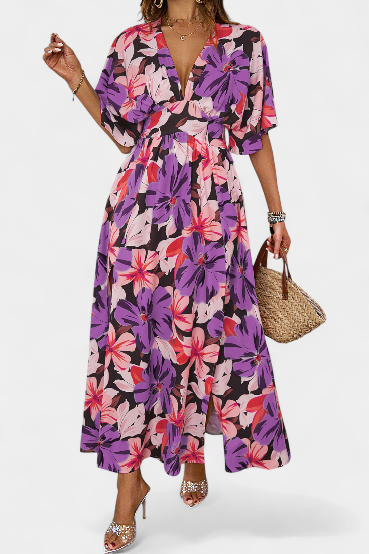 Robe Julie Longue avec Imprimé Floral et Décolleté Croisé