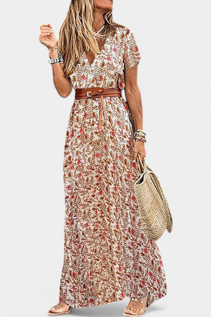 Robe Boho d'Été Anfisa avec Ceinture et Décolleté en V