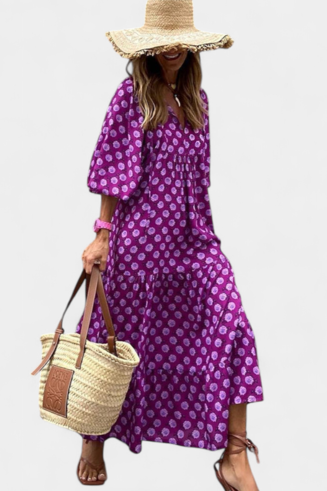 Robe Aroa Boho avec Imprimé Artistique et Silhouette Fluide