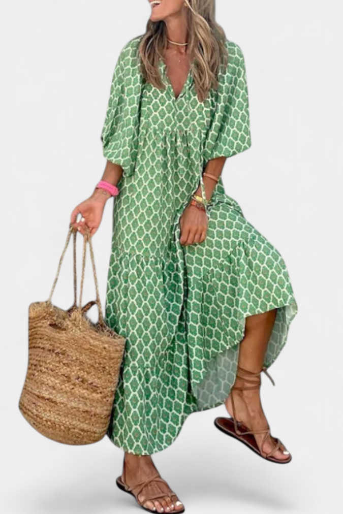 Robe Aroa Boho avec Imprimé Artistique et Silhouette Fluide
