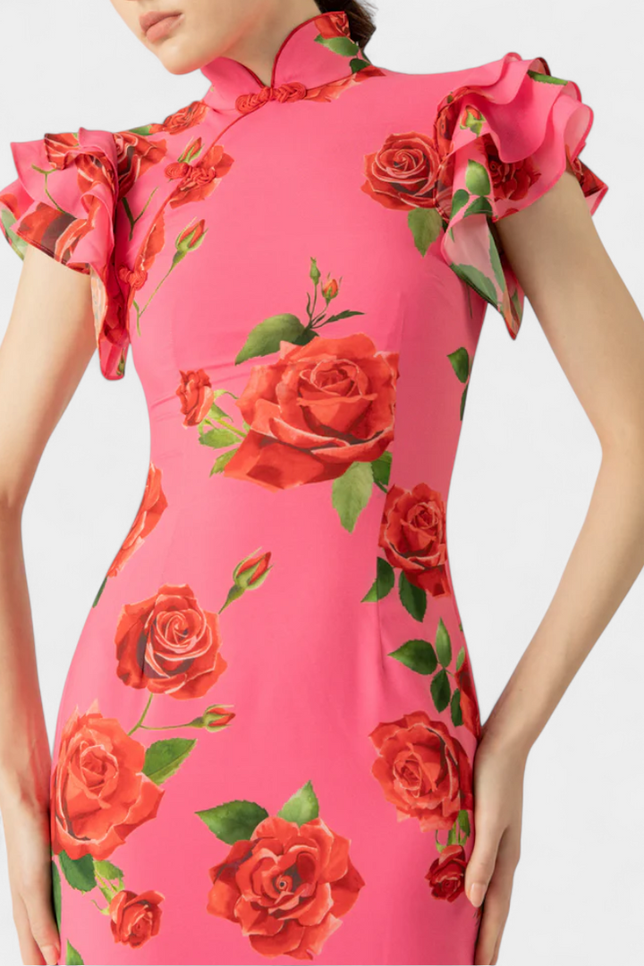 Robe Qipao Mayra avec Imprimé de Roses Élégant