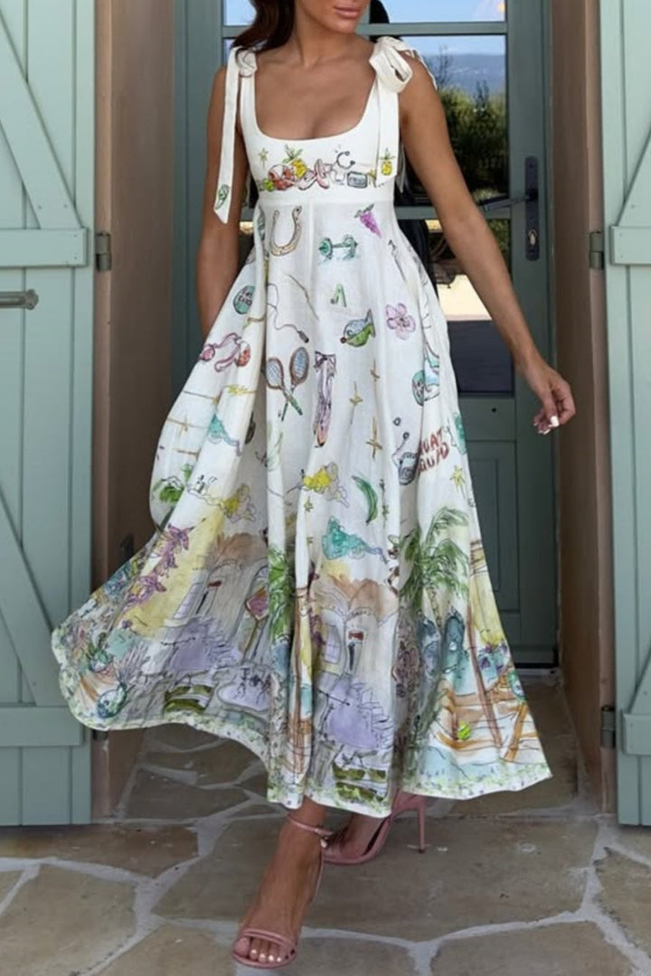 Robe Longue avec Lacets et Imprimé Floral Fantaisie