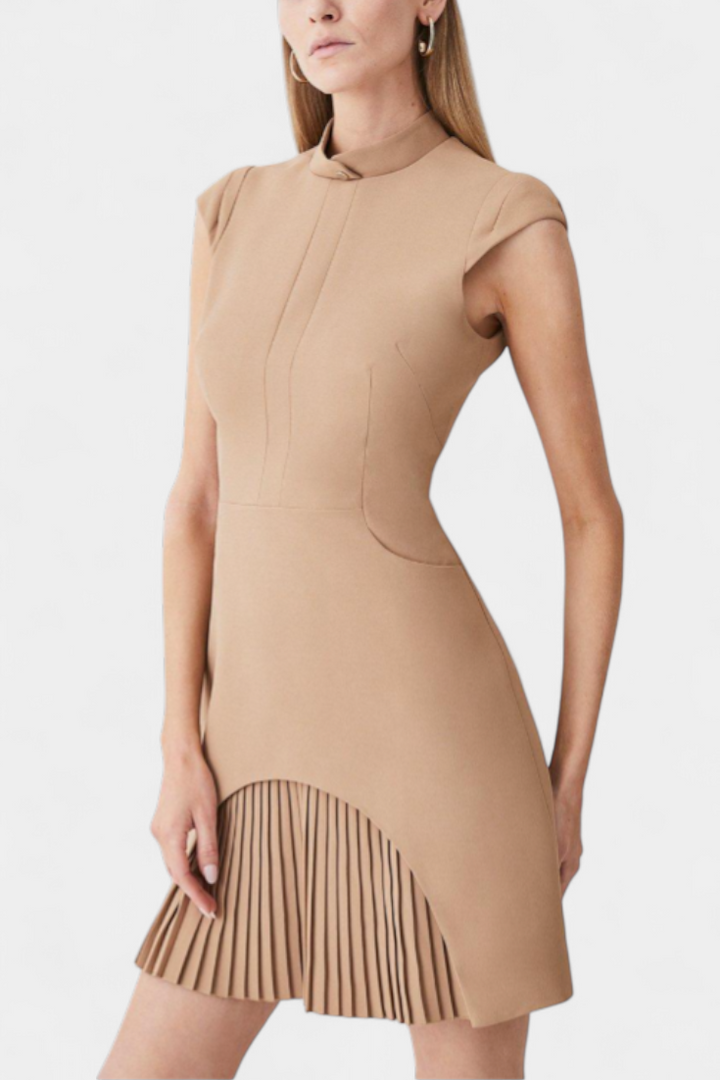 Robe Mini Karen avec Col Haut et Détails Plissés