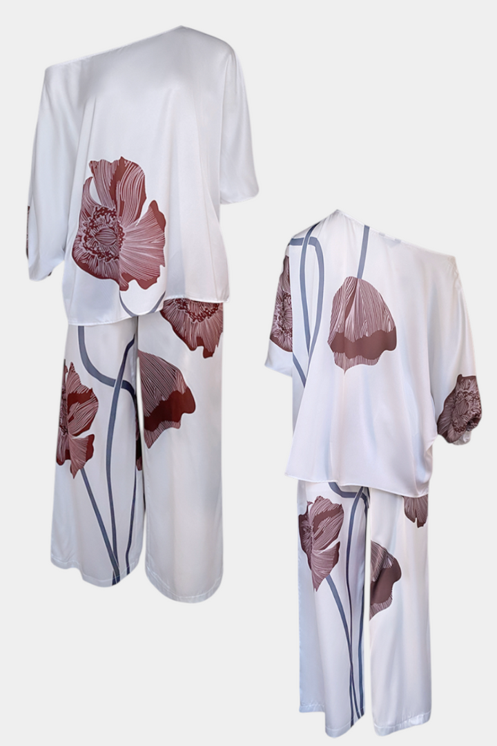 Sybella Ensemble Floral de Deux Pièces avec Épaule Dégagée et Pantalon Droit