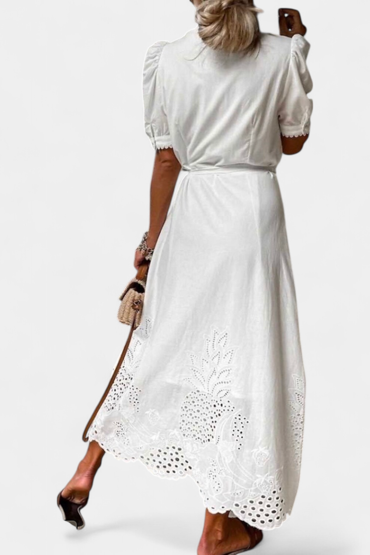 Nerea Robe Chemise Brodée avec Ceinture et Manches Bouffantes