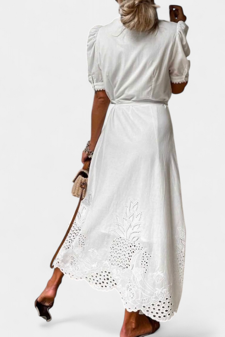 Nerea Robe Chemise Brodée avec Ceinture et Manches Bouffantes