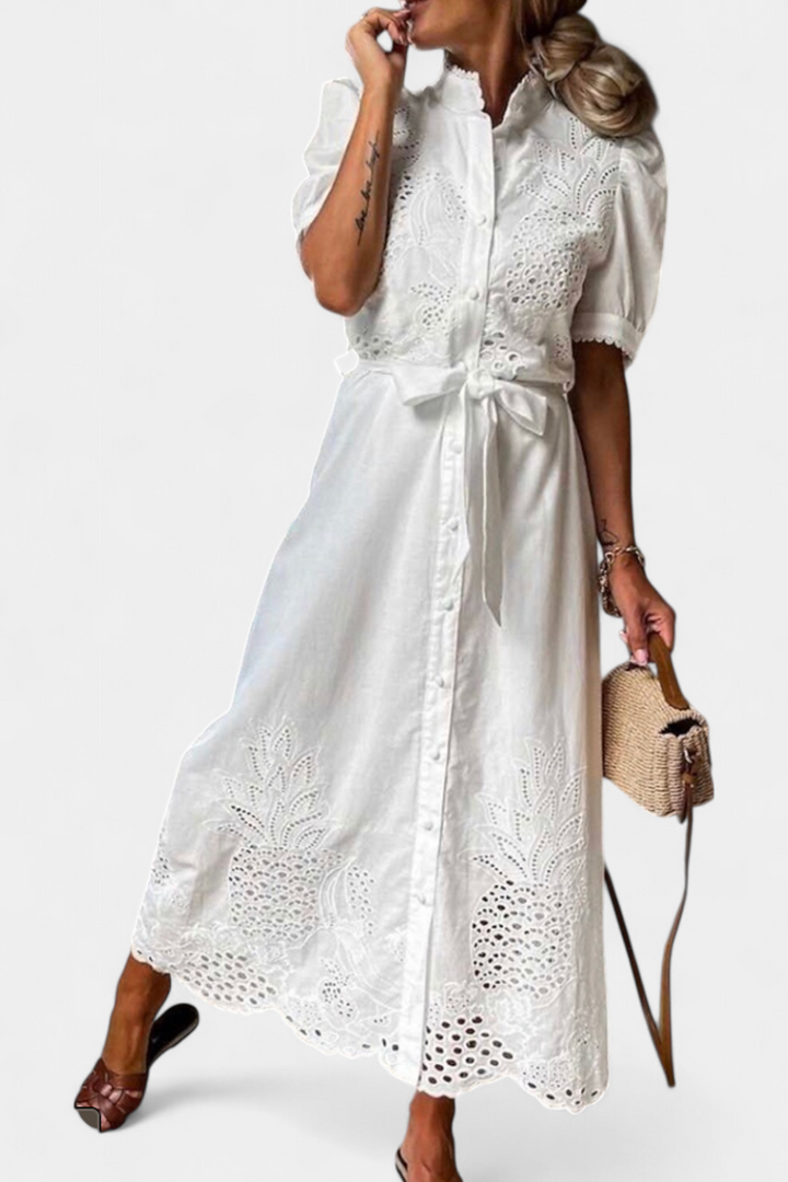 Nerea Robe Chemise Brodée avec Ceinture et Manches Bouffantes