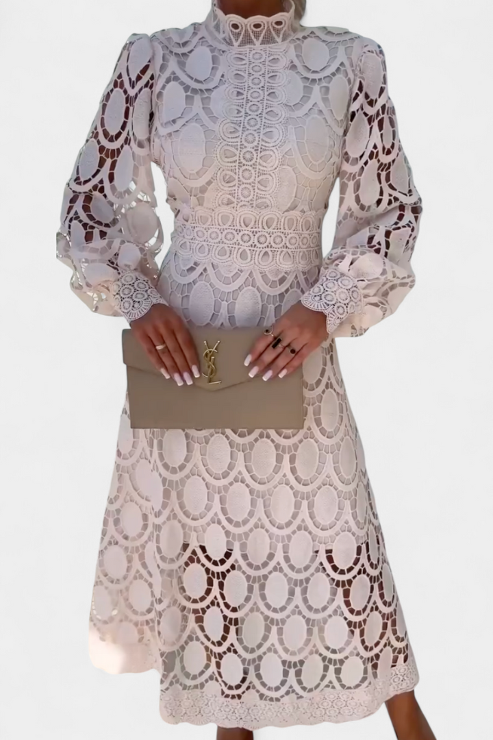 Robe Midi en Dentelle Lucinda avec Manches Bouffantes et Col Montant