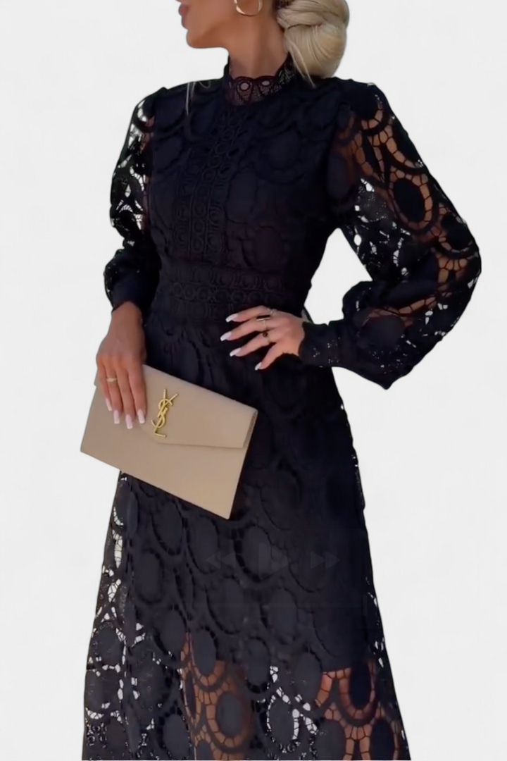 Robe Midi en Dentelle Lucinda avec Manches Bouffantes et Col Montant