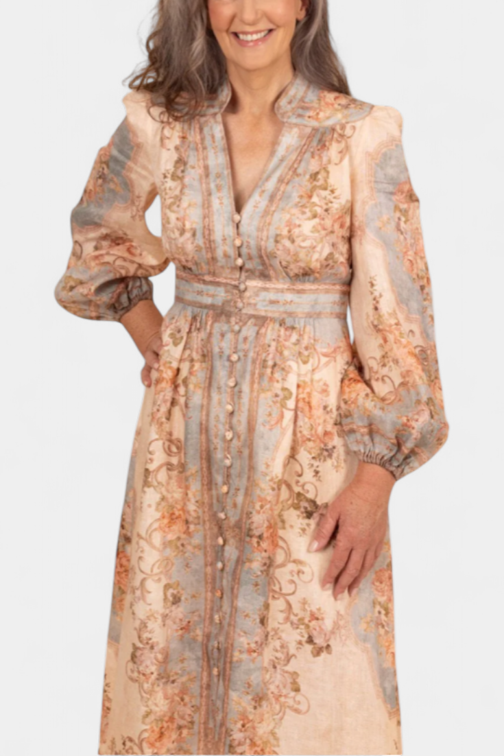 Dorotila Robe Maxi Évasée avec Imprimé Floral, Boutons et Manches Bouffantes