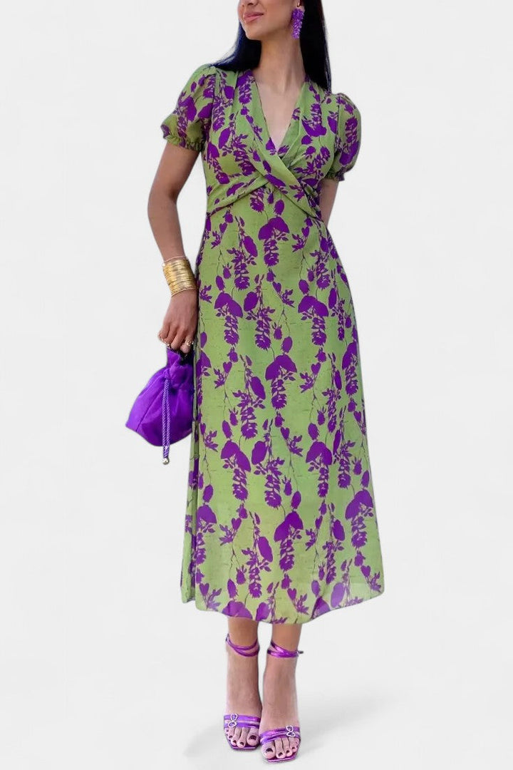 Elara Robe Maxi avec Nœud Frontal et Imprimé Floral Délicat