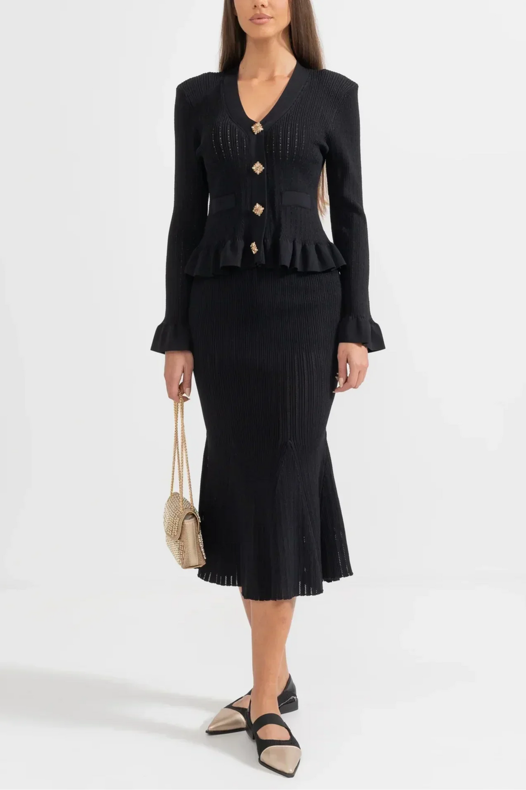 Prudence Ensemble de Robe Midi en Maille Raffinée et Top à Boutons