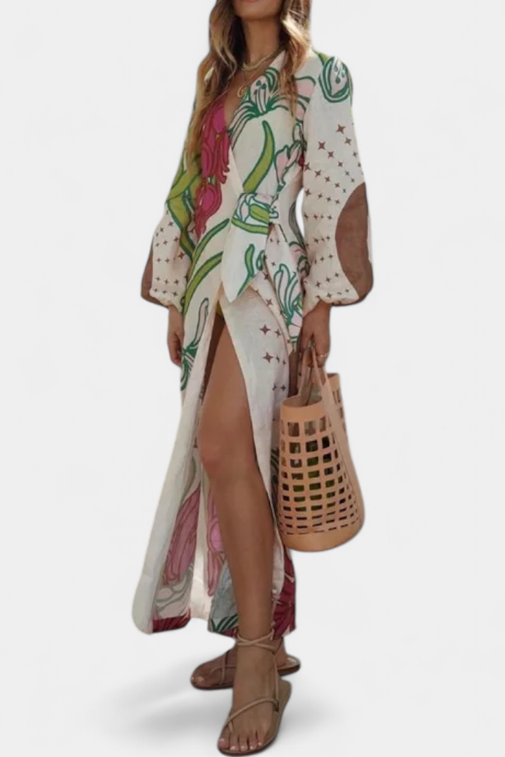 Robe Fana Croisée Imprimée Florale avec Nœud à la Taille