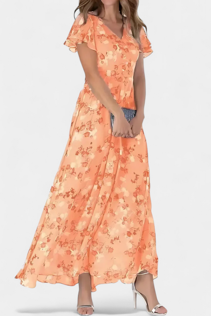 Robe Maxi Florale Amara avec Décolleté en V et Manches Volantes